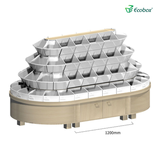 رف دائري من سلسلة Ecobox G002 مع صناديق Ecobox السائبة في السوبر ماركت يعرض المواد الغذائية السائبة